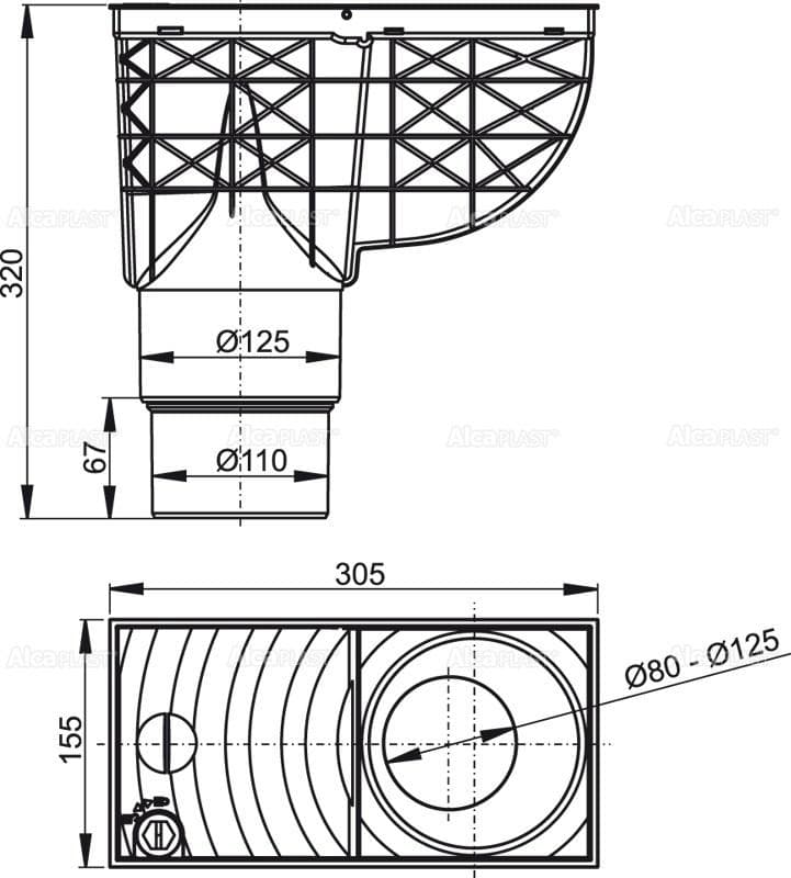  Alca Univerzálny lapač strešných splavenín AGV4, 300×155/125/110 mm priamy, čierna AL-LAPAC DN125/110 /300X155 SPODNY CIERNY