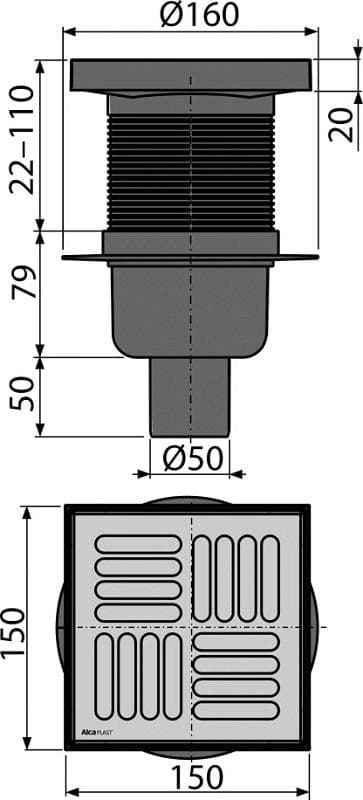  Alca APV6411 podlachová vpust 150x150/50 mm priama, mriežka nerez, vodná zápachová uzávera AL-VPUST 150*150/50 PRIAMA , nerez