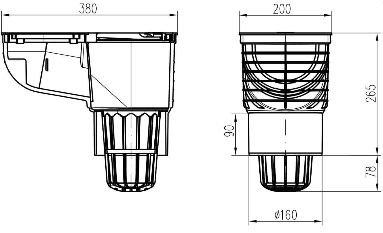  CHUDĚJ 925 - KV 160  Kanalizačná vpust spodná D 160, plast, čierna MCH-925 KANAL.VPUST LAPAC D160 SPODNY prietok 16,6L/s zvod DN150(moznost red.D125/D110)