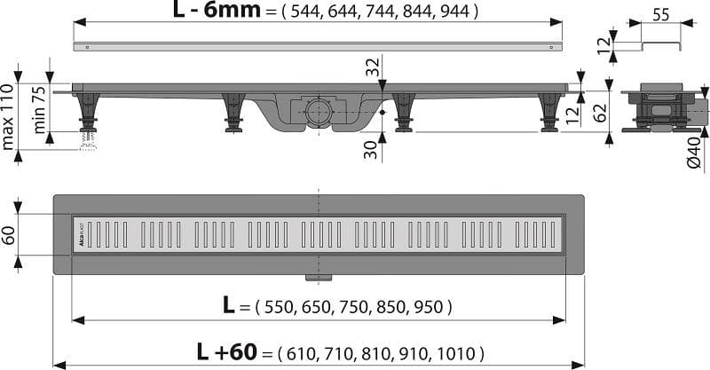  Alca APZ10-550M SIMPLE Podlahový žľab s okrajom pre perforovaný rošt, dĺžka 550 mm, s roštom nerez AL-ZLAB PLASTOVY s ROSTOM APZ10-550mm