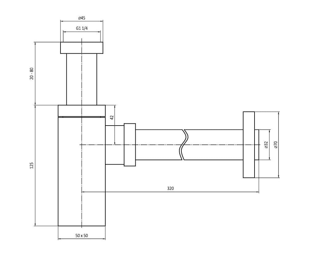  SAMTEK Umývadlový sifón  T14Q, hranatý LUX QUATRO  s prevlečnou maticou 5/4", mosadz/chróm POLSIFON LUX-QUATRO 5/4" hranaty kov (A401)