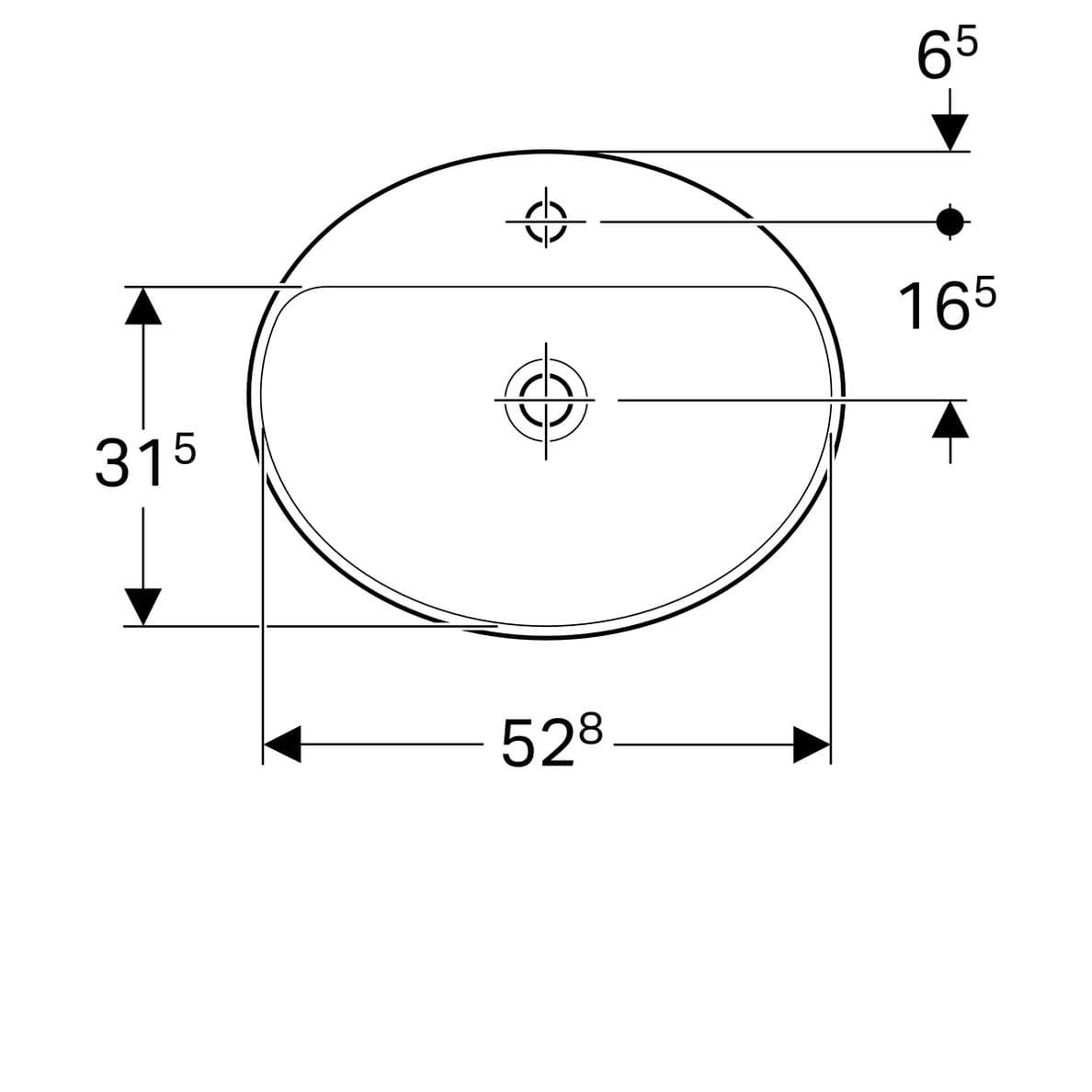  Geberit Zápustné umývadlo 55 x 45 cm oválne, s otvorom pre batériu, bez prepadu, Geberit VariForm G VariForm umývadlo zápustné, oválne, 55 cm, s otvorom pre batériu, bez prepadu