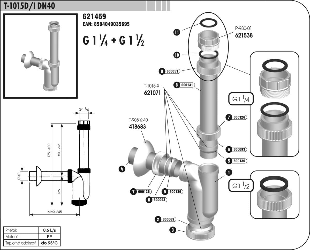  SLOVARM Univerzálny predĺžený sifón T-1015D/I DN40, polsifón, s prevlečnou maticou G 1 1/4" + G 1 1/2" T-1015D/I DN40 SPECIALNY POLSIFON PREDLZENY