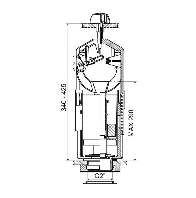  SLOVARM Vypúšťací ventil TE-4543B/I pre WC nádržky,  G 2 + G 2 1/4", ŠTART - STOP systém TE-4543B/I VYPUSTACIE ZARIADENIE