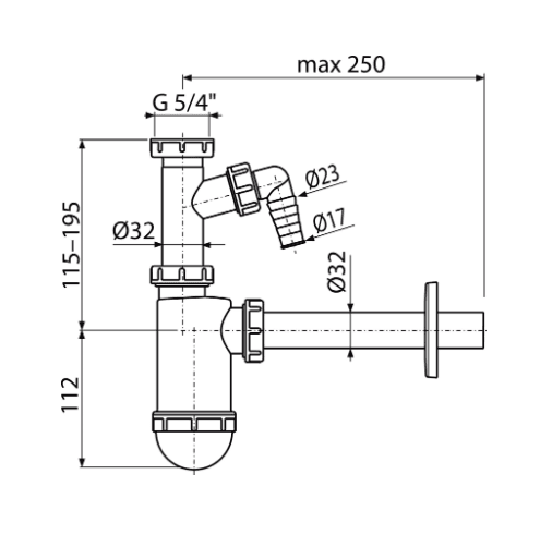  Alca Umývadlový sifón A430P, DN32 s prípojkou a prevlečnou maticou 5/4" AL-POLSIFON UMY.DN32 5/4"+ PRIPOJKA