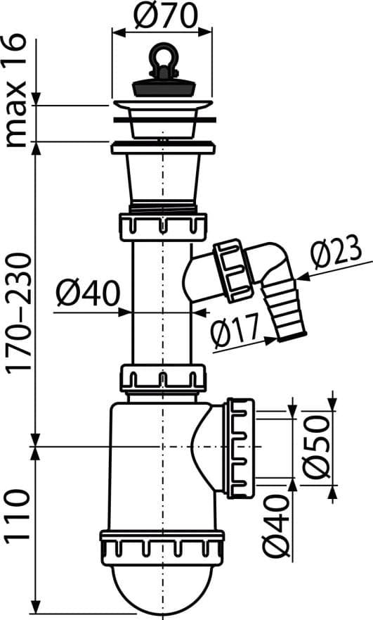  Alca Drezový sifón A442P-DN50/40 s plastovou mriežkou DN70 a prípojkou AL-SIFON DREZ.PLAST DN40/50+pripojka