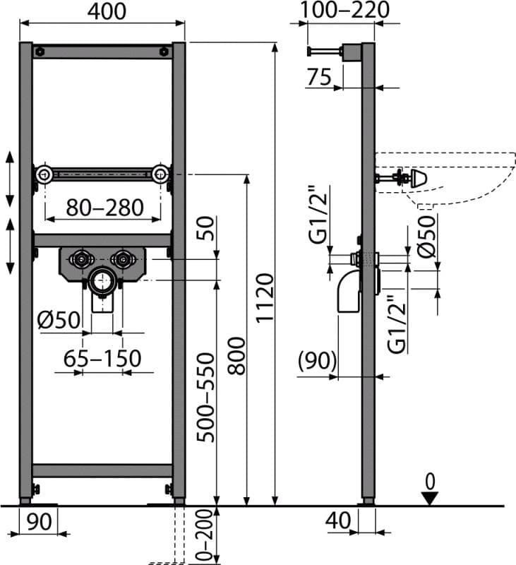  Alca Inštalačný prvok pre umývadlo A104/1120 - stavebná výška - 1120 mm AL-INSTAL.UMYVADLOVY MODUL 1120 stoj.BAT.