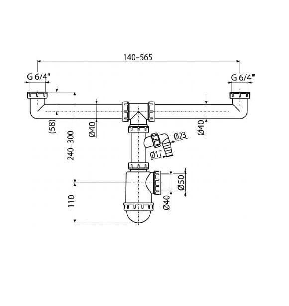  Alca Drezový sifón A448P-DN50/40 polsifón pre dvojdrez s prevlečnými maticami 6/4" a prípojkou AL-POLSIFON DVOJDREZ 2x6/4"+pripojka