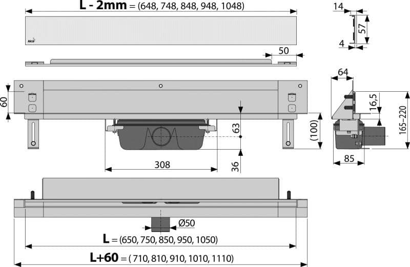  Alca APZ5-SHADE-950 Odtokový systém pre zabudovanie do steny, kryt nerez-mat, dĺžka 950 mm AL-ZLAB NEREZ.APZ5- 950mm  SHADE