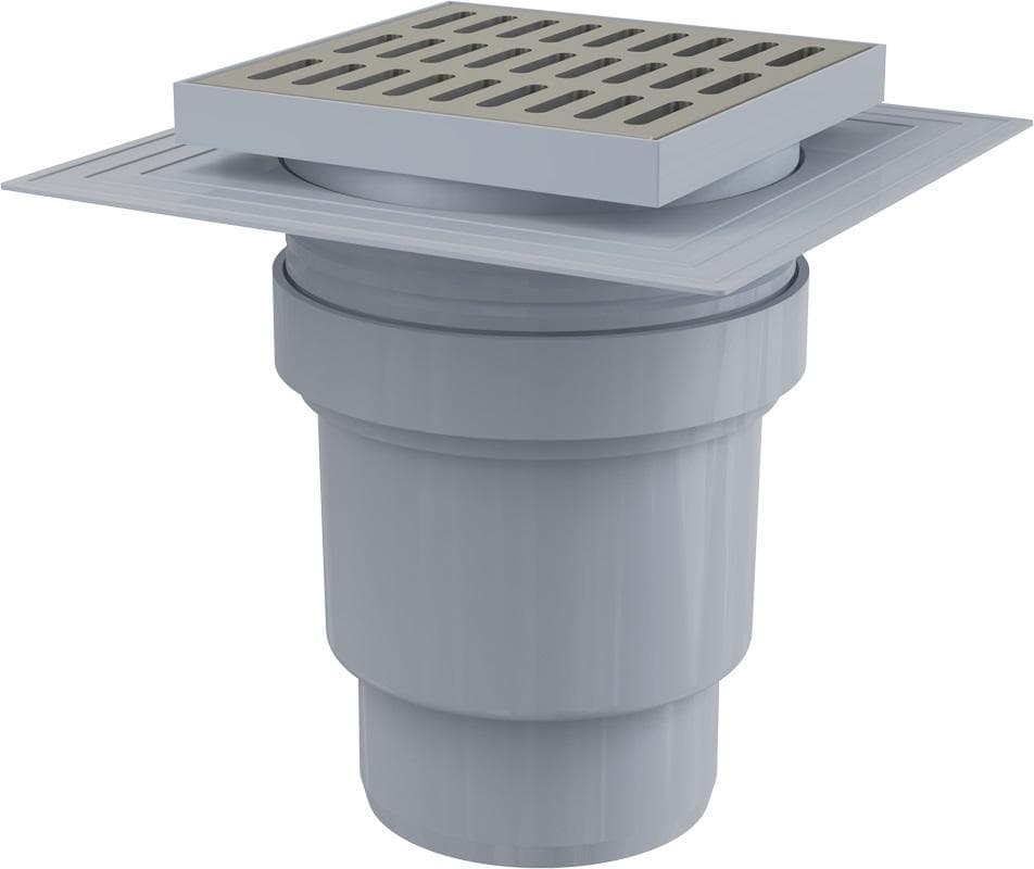 APV13 Podlahová vpust 150×150/110 mm bočná, mriežka nerez, liemec 2. úrovne izolácie, vodná