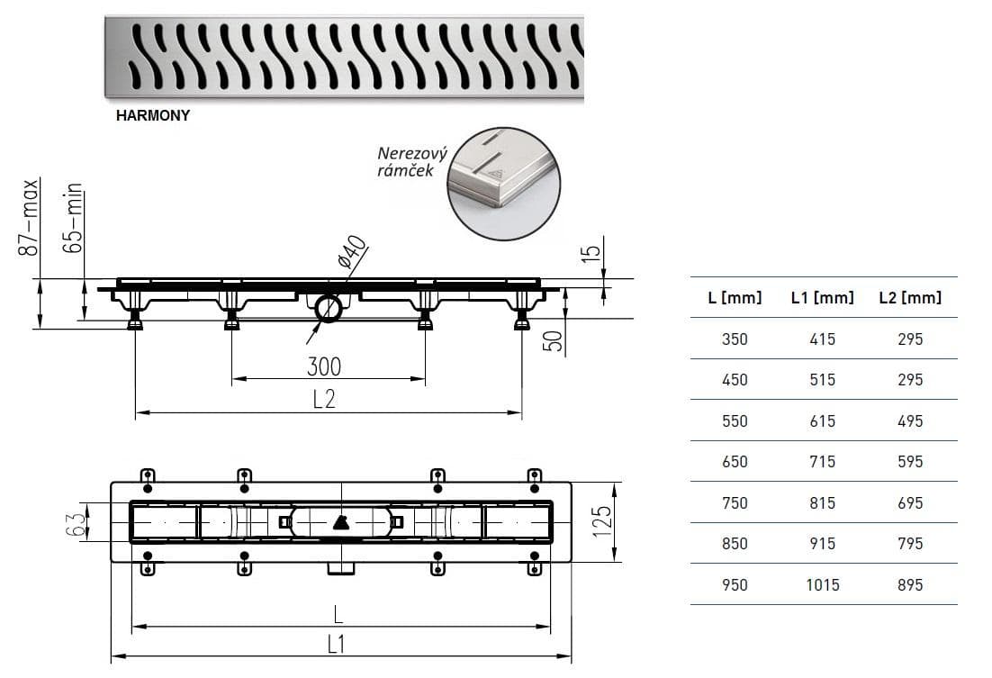  CHUDĚJ Kúpeľňový žľab plastový, nerez rámček, dĺžka 650 mm, bočný odtok D40, nerez mriežka HARMONY lesklá MCH-ZLAB NEREZ ram. 650mm / HARMONY LESKLY