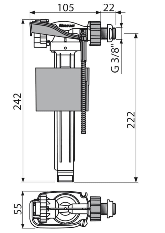  Alca Napúšťací ventil bočný A150P-3/8" pre plastové nádržky, pripájací závit 3/8" AL-NAP.VEN.3/8" pre plast nadrzky nahradza A15P 3/8"