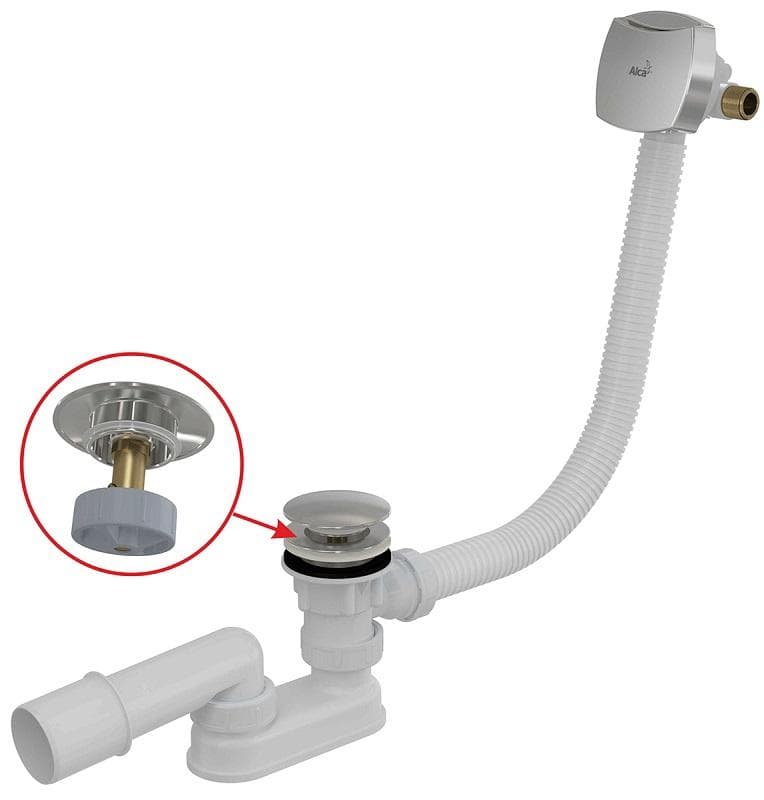 Vaňový sifón A509CKM, CLICK/CLACK, napúšťanie cez prepad, pre hrubostenné vane, chróm, dĺžka 57 cm
