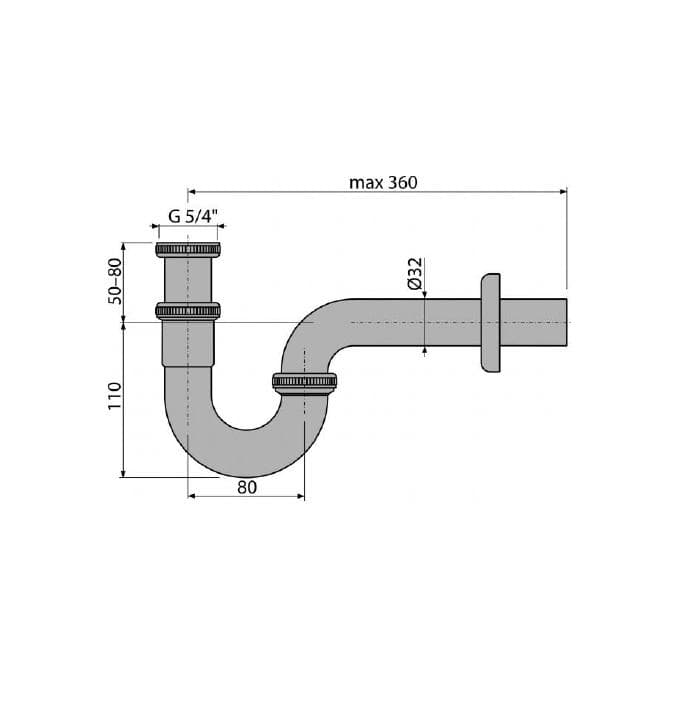  Alca Umývadlový sifón A432, polsifón „U“ DN32 s prevlečnou maticou 5/4", kov AL-POLSIFON UMY.A432 32-5/4 U-KOV +bidet