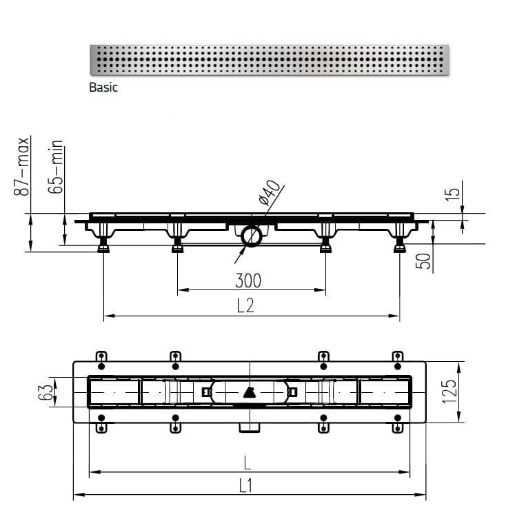  CHUDĚJ Kúpeľňový žľab plastový, dĺžka 450 mm, s bočným odtokom D40, nerezová mriežka BASIC matná MCH-ZLAB 450mm /BASIC MATNY AkciaD