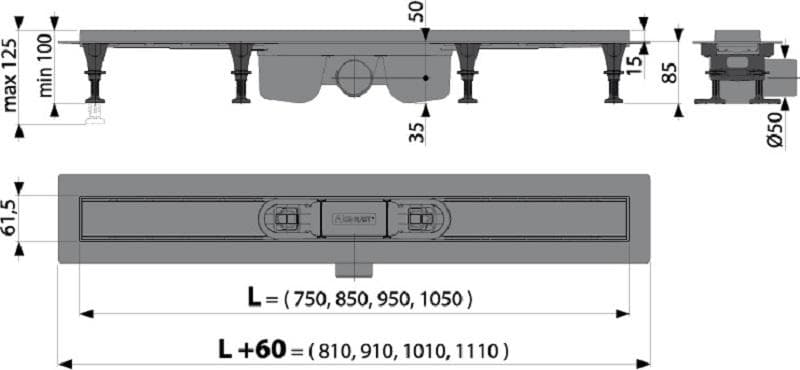  Alca APZ12-1050 OPTIMAL Podlahový žľab s okrajom pre perforovaný rošt alebo vloženie dlažby,dĺžka 1050 mm AL-ZLAB PLASTOVY DN50 bez rostu1050 OPTIMAL
