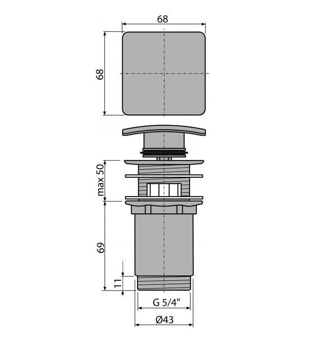  Alca Výpusť umývadlová A393, CLICK/CLACK 5/4" celokovová s prepadom, hranatá zátka AL-PILETA UMY.5/4"CLICK-CLACK  hranata H011