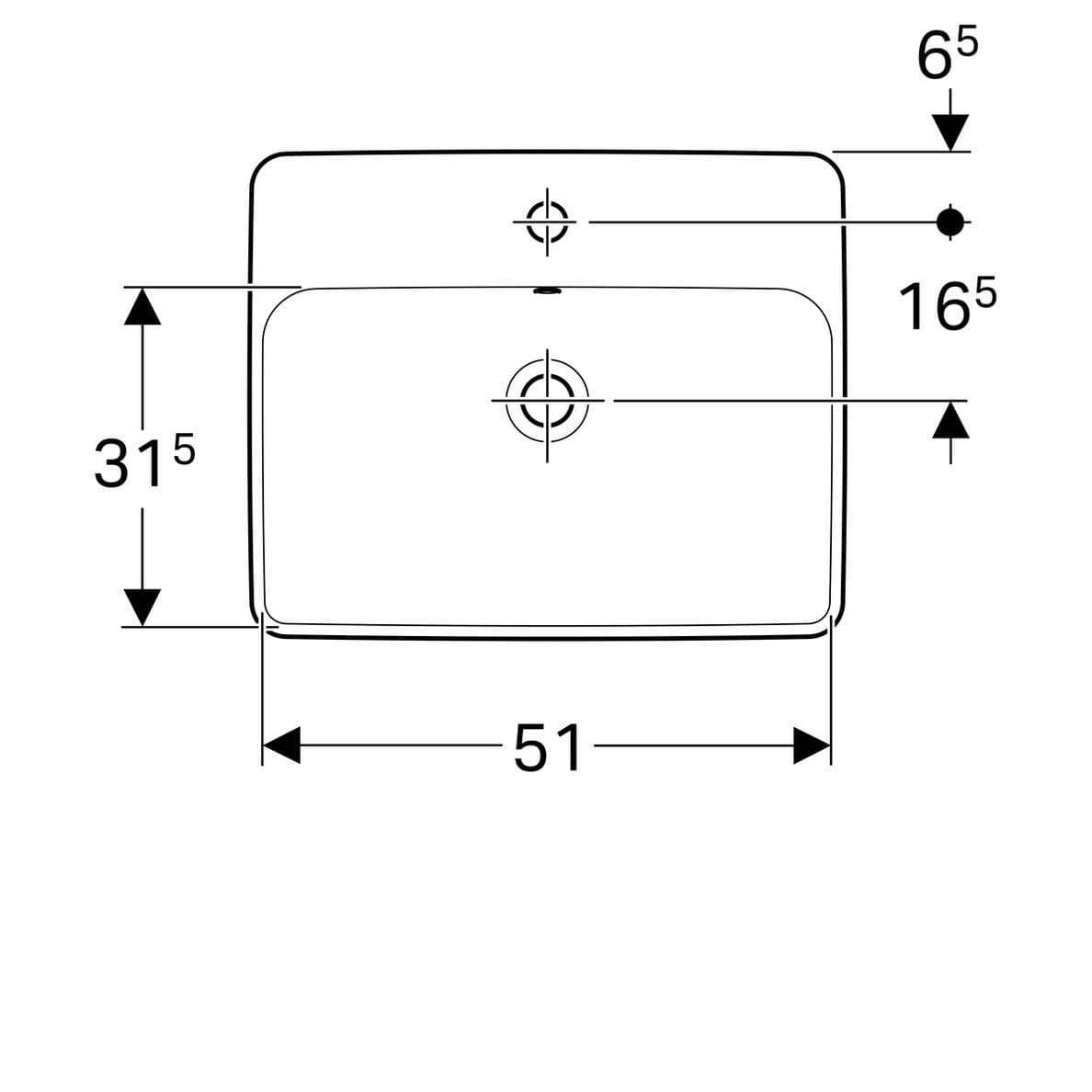  Geberit Zápustné umývadlo 55 x 45 cm pravouhlé, s otvorom pre batériu, s prepadom, Geberit VariForm G VariForm umývadlo zápustné, pravouhlé, 55 cm, s otvorom pre batériu, s prepadom