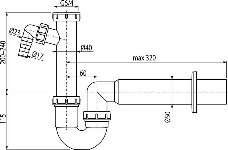  Alca Drezový sifón A81-DN50 polsifón trubkový s prevlečnou maticou 6/4" a prípojkou AL-polsifon drez DN50 6/4" s pripojkou 1x