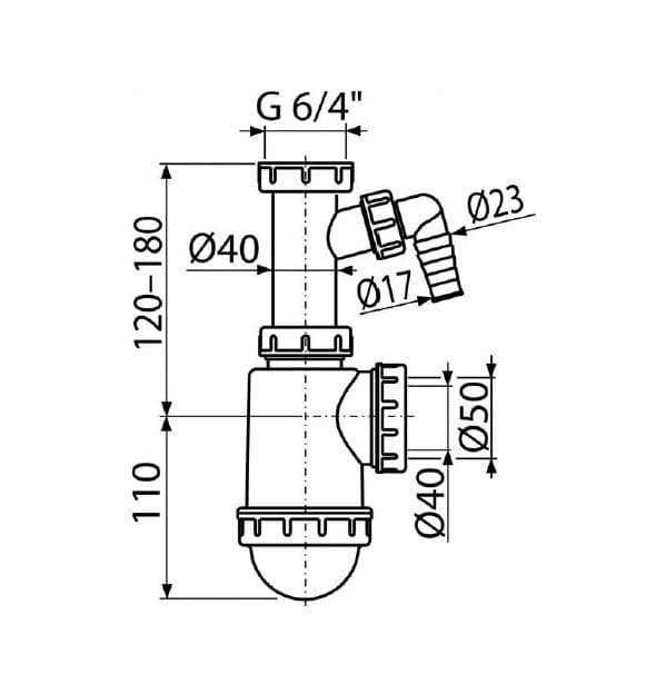  Alca Drezový sifón A443P-DN50/40 polsifón s prevlečnou maticou 6/4" a prípojkou AL-POLSIFON DREZ.DN40/50+pripoj  25ks bal
