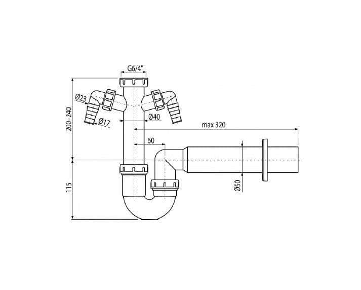  Alca Drezový sifón A82-DN50 polsifón trubkový s prevlečnou maticou 6/4" a dvoma prípojkami AL-POLSIFON DN50/6/4 s 2x pripojka