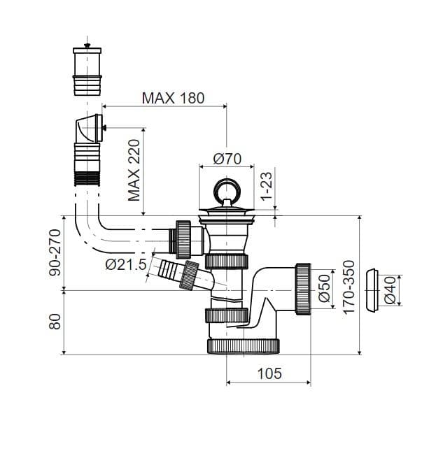  SLOVARM Drezový sifón T-735PBZ DN50/DN40, nerezová mriežka priemer 70mm, s prípojkou, a flexi prepadom T-735PBZ DN50/DN40 DREZOVY SIFON