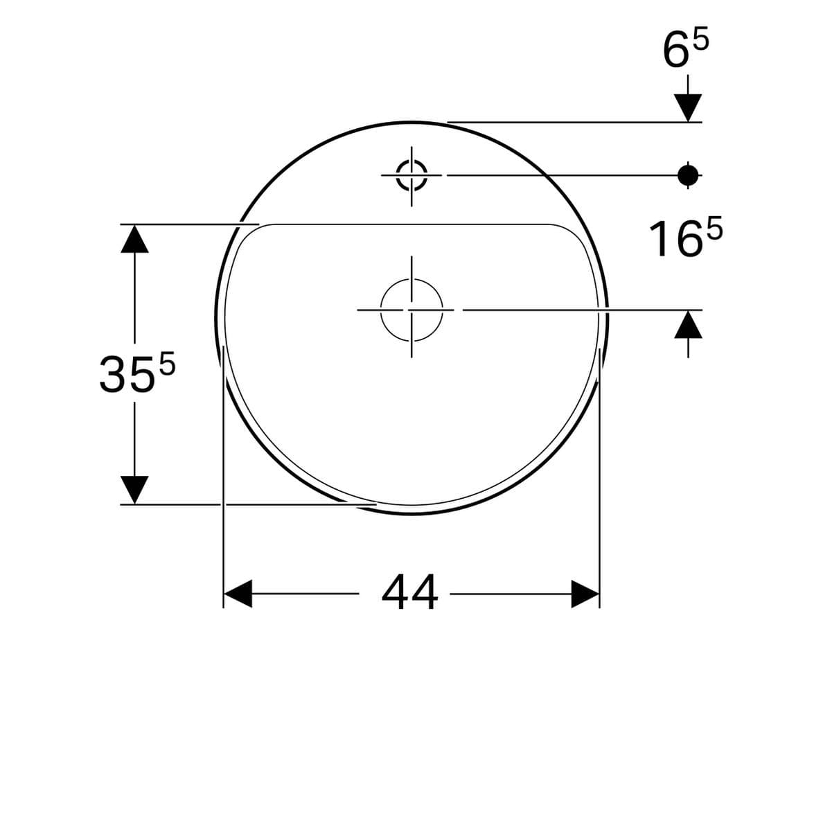  Geberit Zápustné umývadlo 48 cm krúhle, s otvorom pre batériu, bez prepadu, Geberit VariForm G VariForm umývadlo zápustné, okrúhle, 48 cm, s otvorom pre batériu, bez prepadu