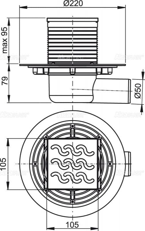  Alca APV102 Podlahová vpust 105×105/50 mm bočná, mriežka nerez, vodná zápachová uzávera AL-VPUST PODLAHOVA  BOCNA DN50 nerez