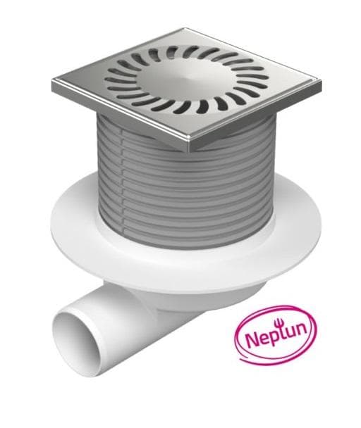 425XL - PVB 50 X L2 Podlahová vpust bočná NEPTUN s liemcom D 50, plastový rámček/nerezová mriežka SUN 125x125