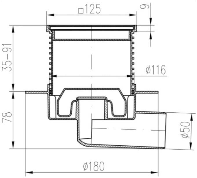  CHUDĚJ 425XL - PVB 50 X L2 Podlahová vpust bočná NEPTUN s liemcom D 50, plastový rámček/nerezová mriežka SUN 125x125 MCH 425XL PODL.VPUST DN50 NEPTUN bočná 125x125 nerez SUN/ramcek plast