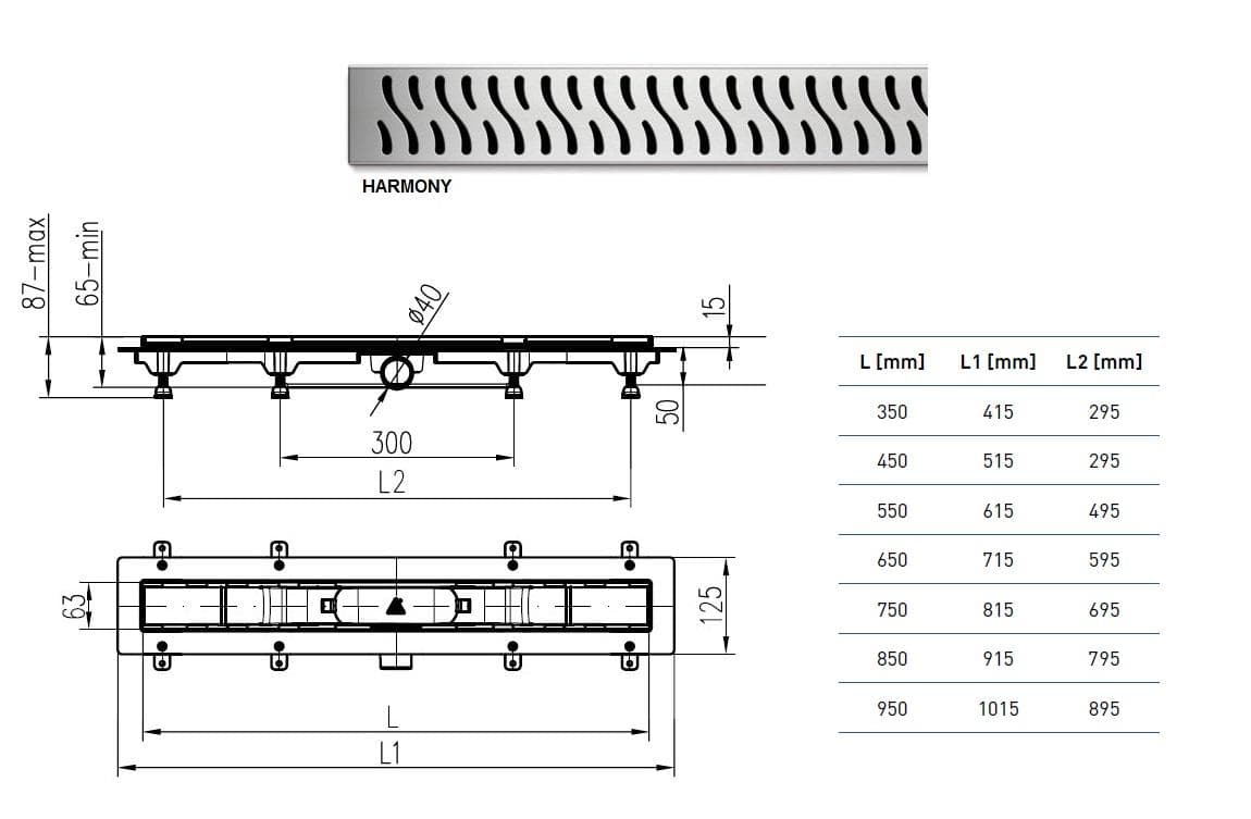 CHUDĚJ Kúpeľňový žľab plastový, dĺžka 950 mm, s bočným odtokom D40, nerezová mriežka HARMONY lesklá MCH-ZLAB 950mm / HARMONY lesk