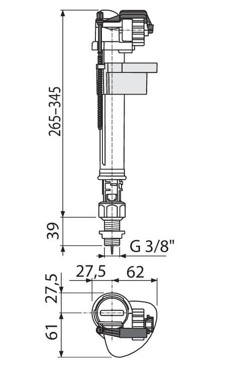  Alca Napúšťací ventil spodný, A17-3/8", pre WC nádržky, pripájací závit 3/8" AL-NAP.VENT. A17 3/8" spodny