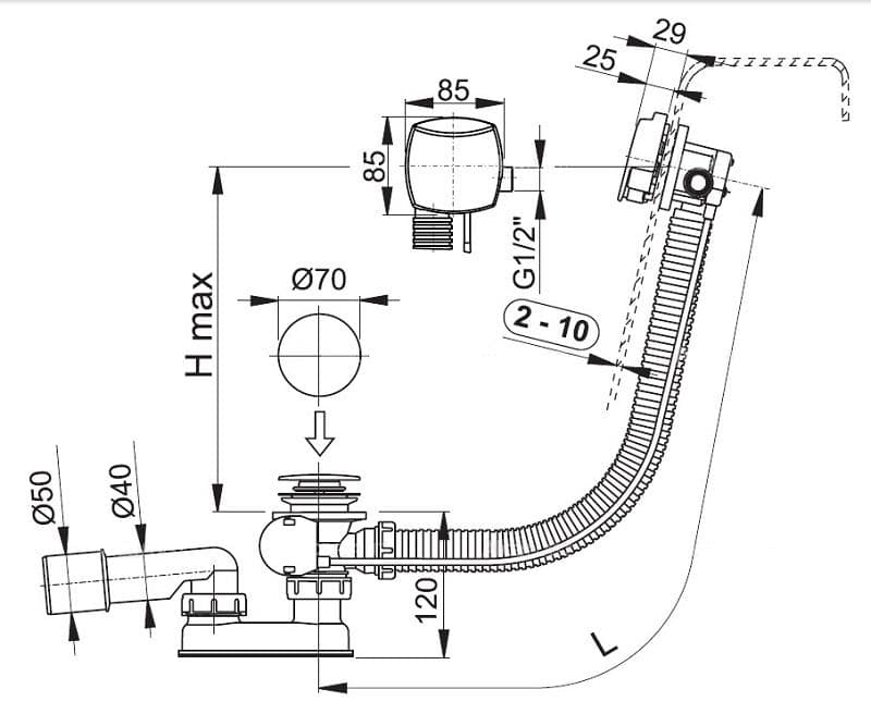  Alca Vaňový sifón A564KM1, automat, napúšťanie cez prepad, kov, dĺžka 57 cm AL-SIFON VANOVY AUT.nap.cez prepad KOV (zaA561KM)
