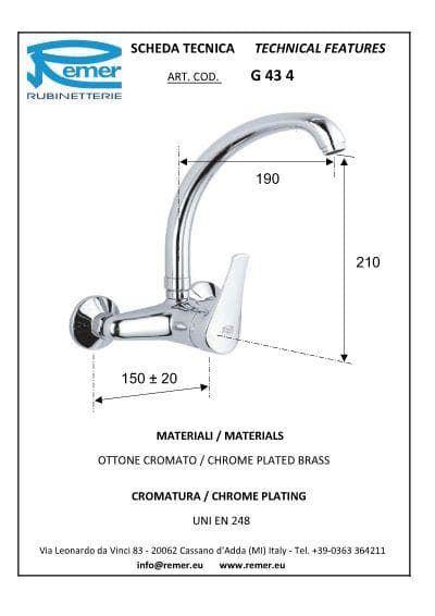  REMER G434 Giga Four drezová kuchynská batéria páková REMER na stenu 150 mm, horné výtokové ramienko REMER GIGA FOUR DREZ.BAT. NAST. HORN. VYT.