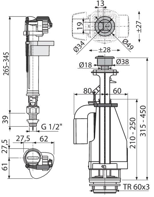  Alca Splachovacia súprava s dvojtlačidlom AL-SADA VypustanieA08A+A17 1/2"+sroby a tesnenie