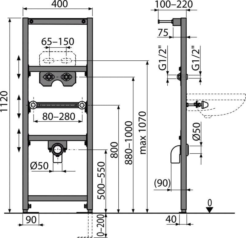  Alca Inštalačný prvok pre umývadlo a batériu A104A/1120 - stavebná výška 1120 mm AL-INSTAL.UMYVAD.MODUL+BATER.NASTENNA 1120