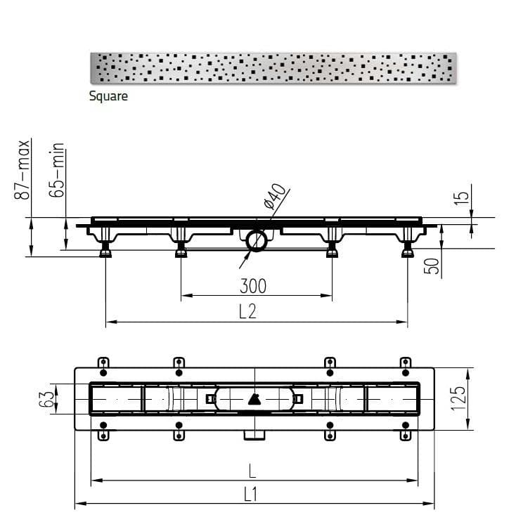  CHUDĚJ Kúpeľňový žľab plastový, dĺžka 350 mm, s bočným odtokom D40, nerezová mriežka SQUARE matná MCH-ZLAB 350mm /SQUARE MATNY