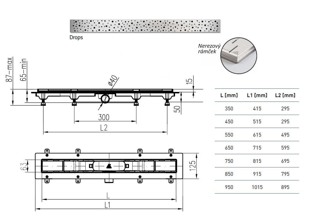 CHUDĚJ Kúpeľňový žľab plastový, nerez rámček, dĺžka 750 mm, bočný odtok D40, nerez mriežka DROPS lesklá MCH-ZLAB NEREZ ram. 750mm / DROPS LESKLY