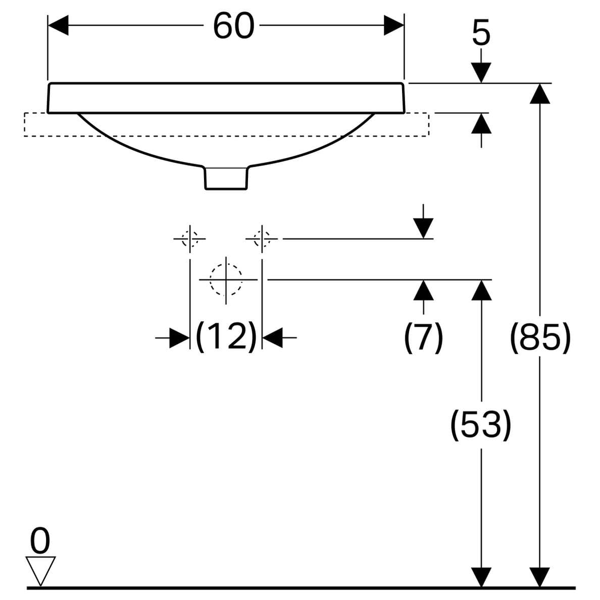  Geberit Zápustné umývadlo Geberit VariForm, oválne, B= 60 cm, T= 48 cm, s otvorom pre batériu, bez prepadu G VariForm umývadlo zápustné, oválne, 60cm, s otvorom pre batériu, bez prepadu