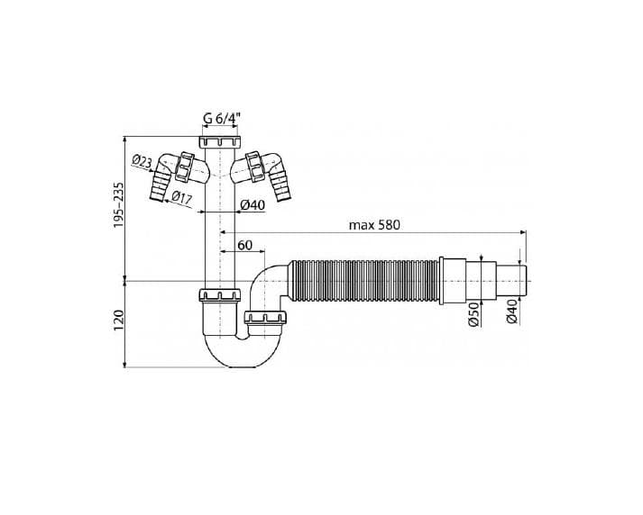  Alca Drezový sifón A84-DN50/40 polsifón trubkový s prevlečnou maticou 6/4", dvoma prípojkami, flexi AL-SIFON TRUBKOVY S PREVL.MAT. 2xpripoj +flexi odpad DN50/40
