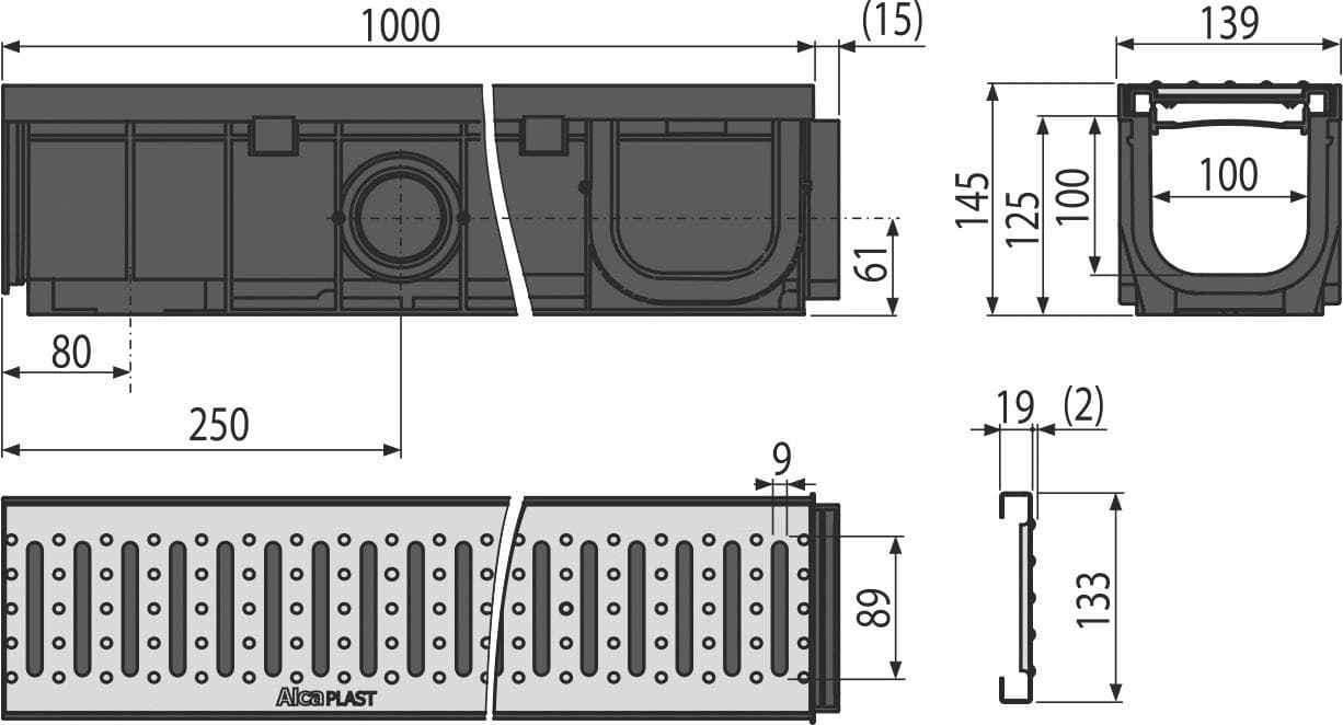  Alca AVZ102-R102 Vonkajší žľab 100 mm s plastovým rámom a pozinkovaným roštom „C" profilu A15, AL-VONK.ZLAB 1m s ROSTOM 1,5t Cprofil HOME+zamok