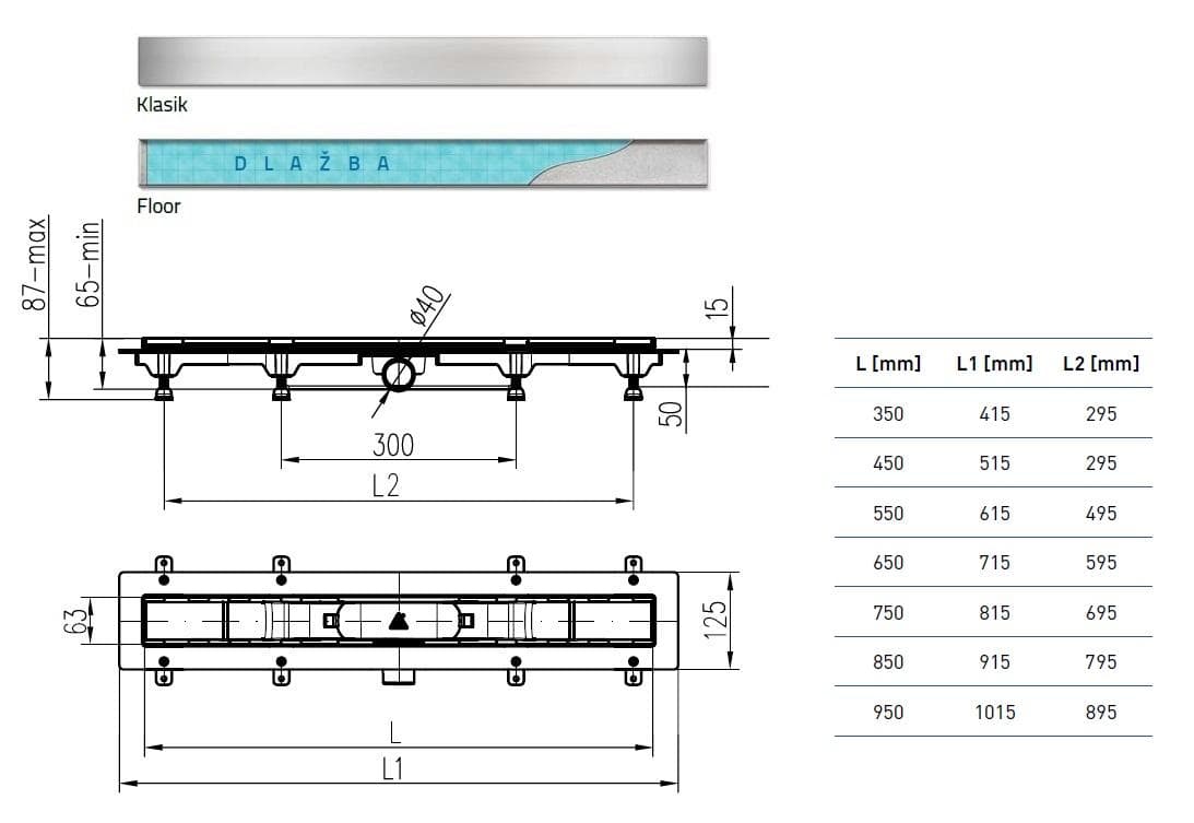  CHUDĚJ Kúpeľňový žľab plastový, dĺžka 950 mm, s bočným odtokom D40, nerezová mriežka KLASIK/FLOOR lesklá MCH-ZLAB 950mm / KLASIK/FLOR LESKLY