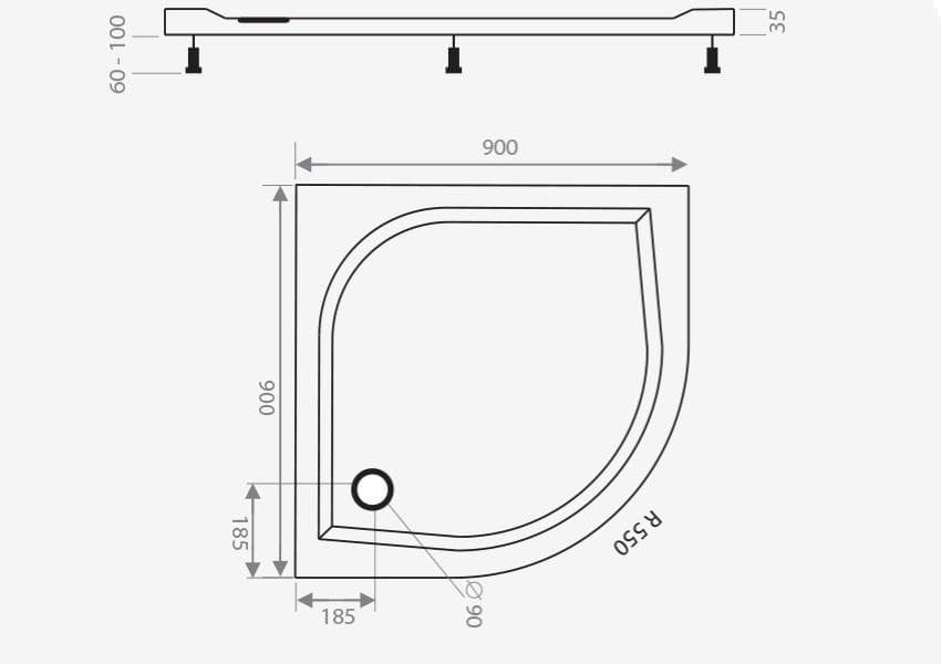  CA-plast Sprchová vanička  oblá 900x900 mm,  SVLM900R550L liaty mramor,výška 35mm, R550,otvor na ľavej strane VANICKA LIATY MRAMOR OBLA 900x900x35 OTVOR LAVY
