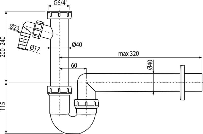  Alca Drezový sifón A81-DN40 - polsifón trubkový s prevlečnou maticou 6/4" a prípojkou AL-polsifon drez DN40 6/4" s pripojkou 1x