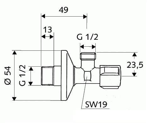  SCHELL Rohový ventil 1/2“ x 1/2“ SCHELL bez matice a bez filtra SCHELL ROHOVÝ VENTIL BEZ MAT.1/2x1/2