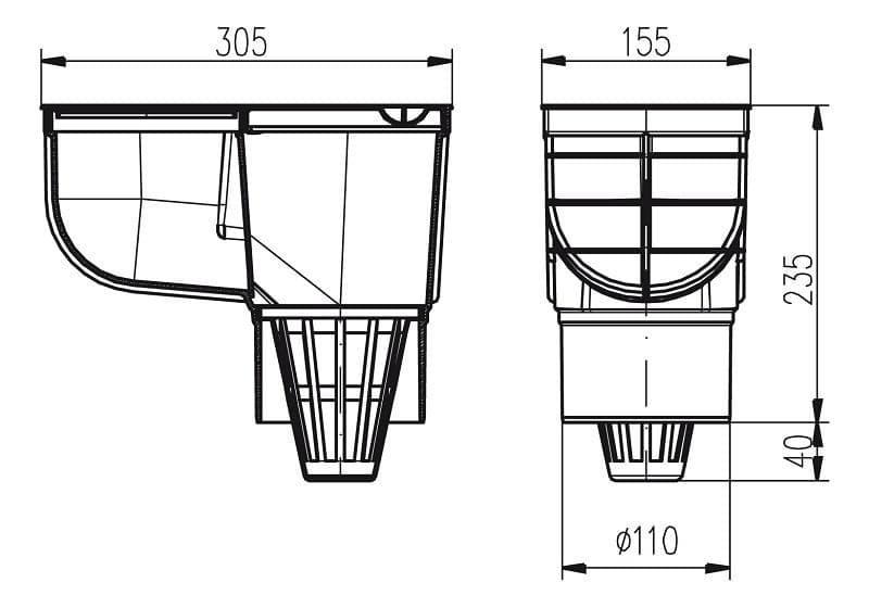  CHUDĚJ 325Es - KV 110 ST s Kanalizačná vpust spodná STANDARD D 110, šedá , lapač strešných naplavenín MCH-325Es KANAL.VPUST LAPAC D110 STANDARD šedá