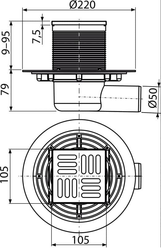  Alca APV1321 Podlahová vpust 105×105/50 mm bočná, mriežka nerez, kombinovaná zápachová uzávera SMART AL-VPUST 105x105/DN50 bocna smart nerez