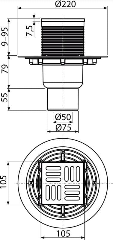  Alca APV2321 Podlahová vpust 105×105/50/75 mm priama, mriežka nerez, kombinovaná zápachová uzávera SMART AL-VPUST 150x150DN75 spodna nerez VS