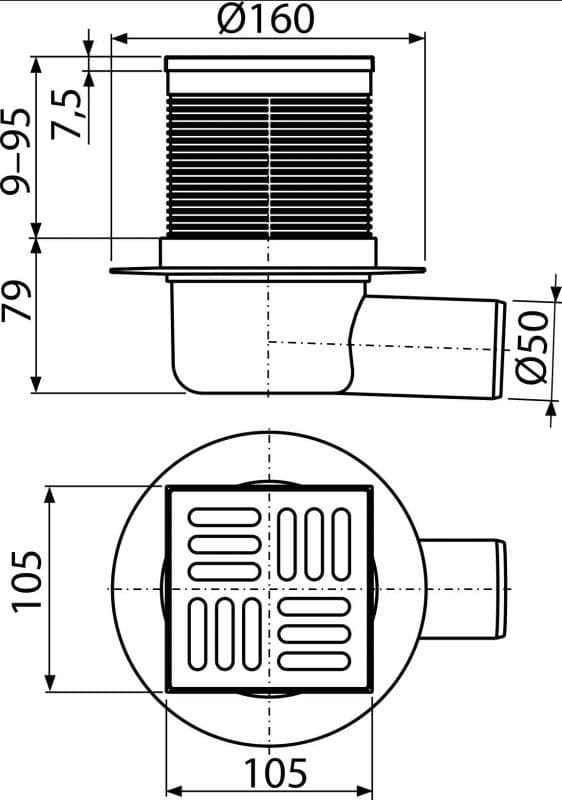  Alca APV31 Podlahová vpust 105×105/50 mm bočná, mriežka nerez, kombinovaná zápachová uzávera SMART AL-VPUST 105x105 /DN50 bocna nerez