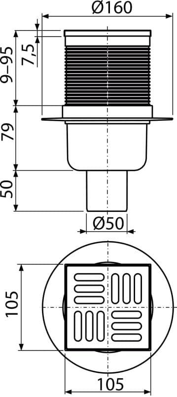  Alca APV32 Podlahová vpust 105×105/50 mm priama, mriežka nerez, kombinovaná zápachová uzávera SMART AL-VPUST 105x105/DN50 spodna NEREZ/SMART